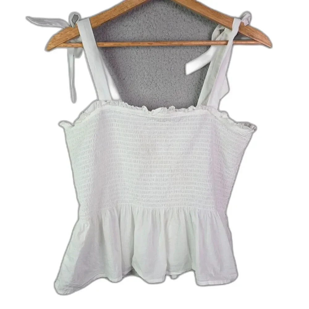 J Crew Smocked Tie Shoulder Cami White L Bow Strap Cotton Tank Coastal